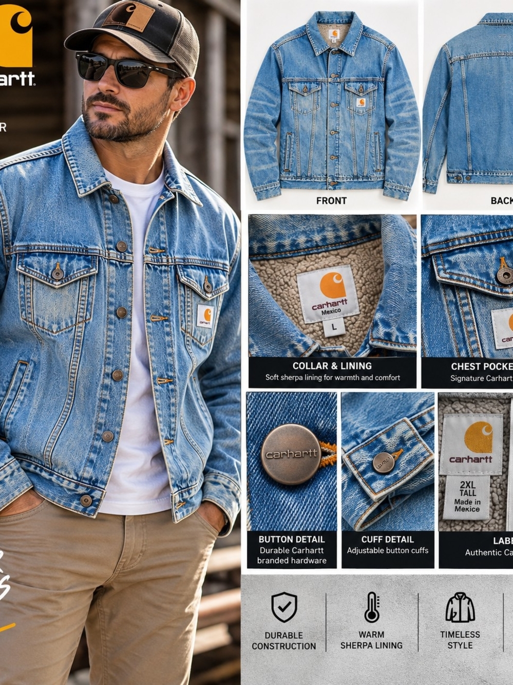 Carhartt Denim Trucker Jacket Mens 2XL Tall Sherpa Lined Blue Workwear 2XLT